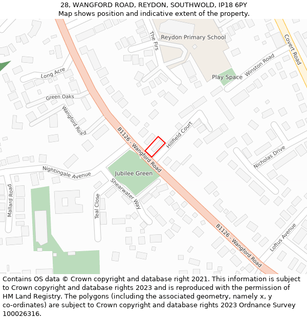 28, WANGFORD ROAD, REYDON, SOUTHWOLD, IP18 6PY: Location map and indicative extent of plot