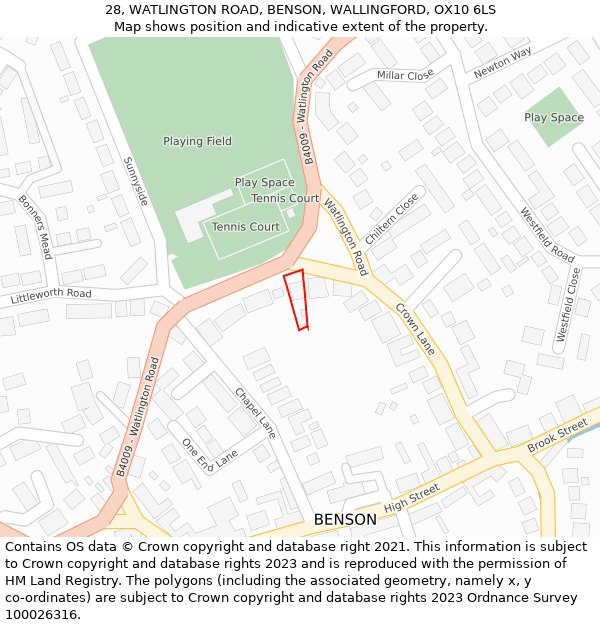 28, WATLINGTON ROAD, BENSON, WALLINGFORD, OX10 6LS: Location map and indicative extent of plot