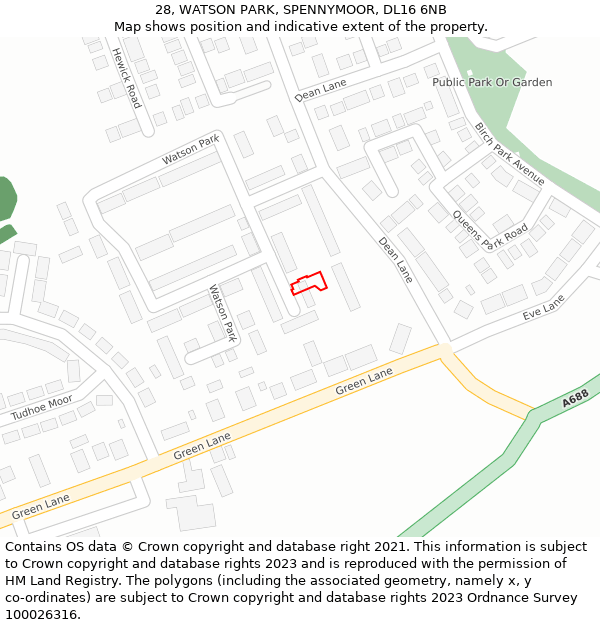 28, WATSON PARK, SPENNYMOOR, DL16 6NB: Location map and indicative extent of plot