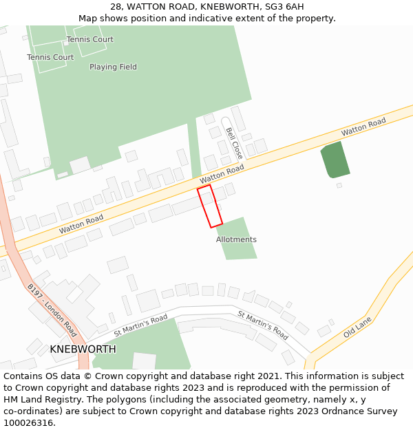 28, WATTON ROAD, KNEBWORTH, SG3 6AH: Location map and indicative extent of plot