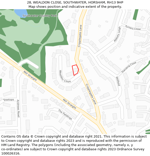 28, WEALDON CLOSE, SOUTHWATER, HORSHAM, RH13 9HP: Location map and indicative extent of plot