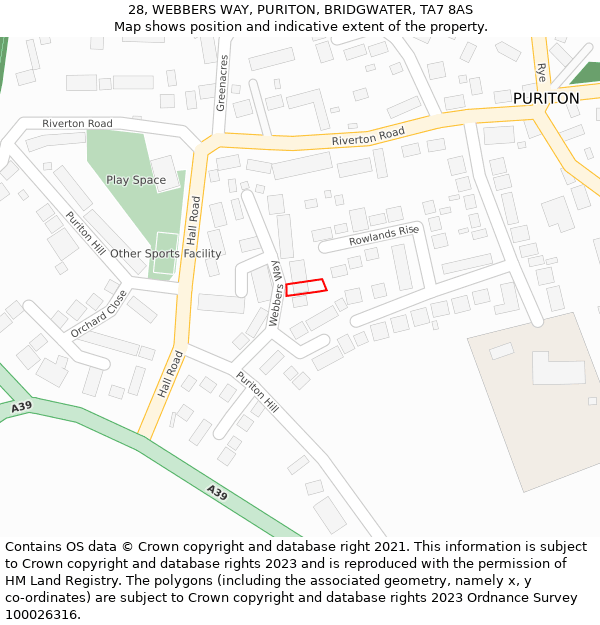 28, WEBBERS WAY, PURITON, BRIDGWATER, TA7 8AS: Location map and indicative extent of plot