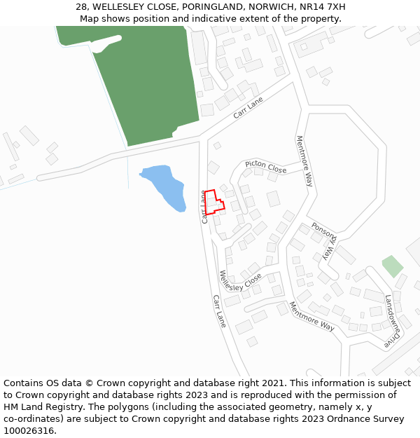 28, WELLESLEY CLOSE, PORINGLAND, NORWICH, NR14 7XH: Location map and indicative extent of plot