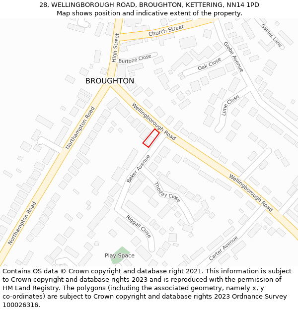 28, WELLINGBOROUGH ROAD, BROUGHTON, KETTERING, NN14 1PD: Location map and indicative extent of plot