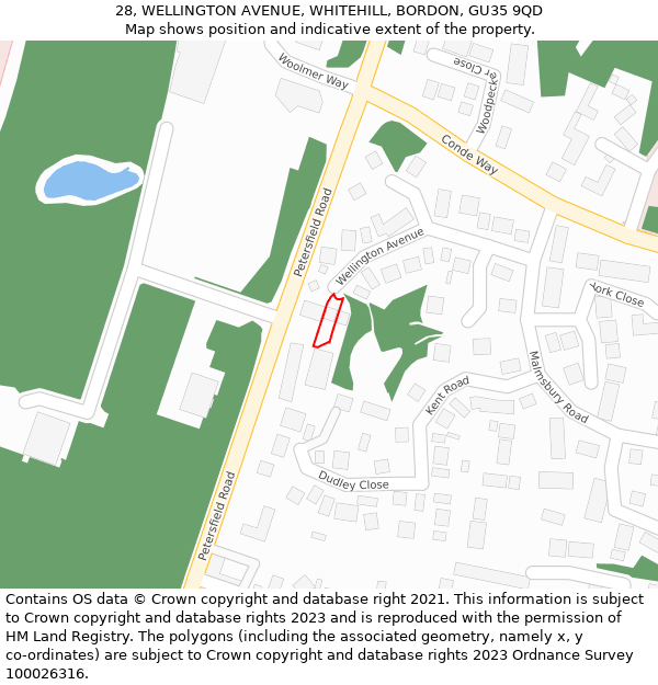 28, WELLINGTON AVENUE, WHITEHILL, BORDON, GU35 9QD: Location map and indicative extent of plot