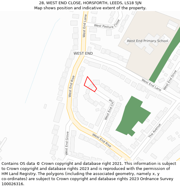 28, WEST END CLOSE, HORSFORTH, LEEDS, LS18 5JN: Location map and indicative extent of plot