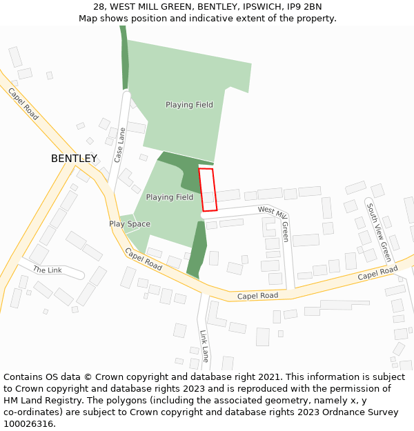 28, WEST MILL GREEN, BENTLEY, IPSWICH, IP9 2BN: Location map and indicative extent of plot