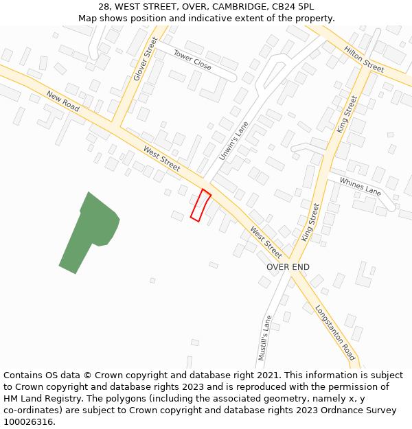 28, WEST STREET, OVER, CAMBRIDGE, CB24 5PL: Location map and indicative extent of plot