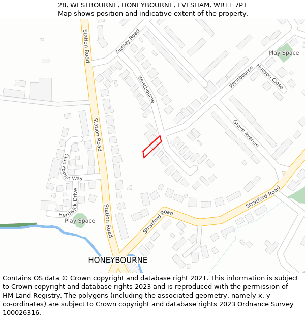 28, WESTBOURNE, HONEYBOURNE, EVESHAM, WR11 7PT: Location map and indicative extent of plot