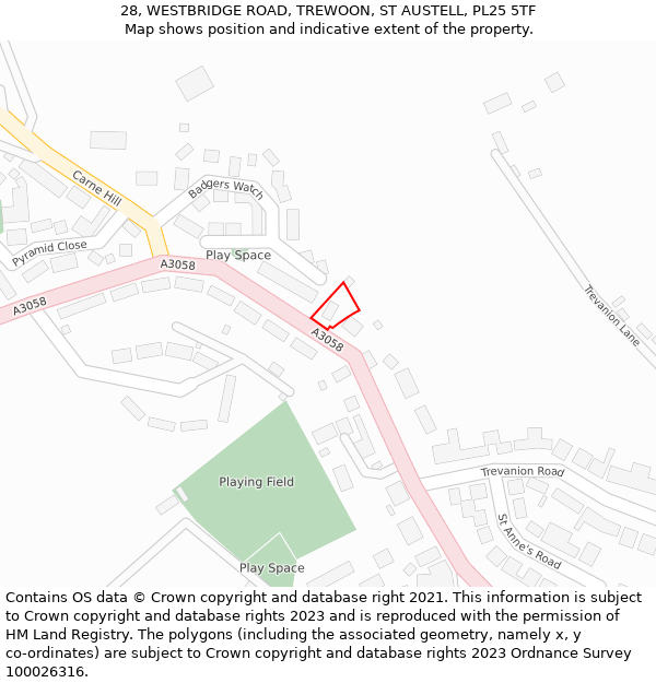 28, WESTBRIDGE ROAD, TREWOON, ST AUSTELL, PL25 5TF: Location map and indicative extent of plot