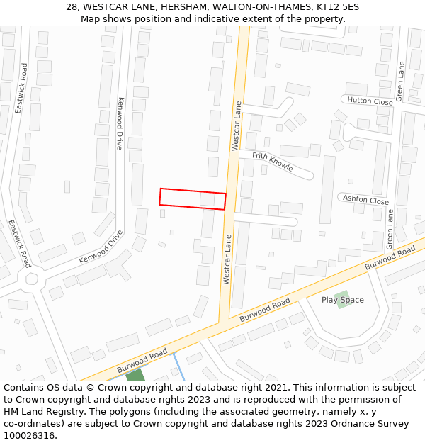 28, WESTCAR LANE, HERSHAM, WALTON-ON-THAMES, KT12 5ES: Location map and indicative extent of plot