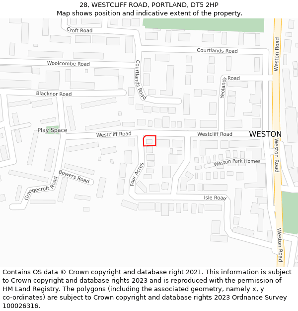 28, WESTCLIFF ROAD, PORTLAND, DT5 2HP: Location map and indicative extent of plot