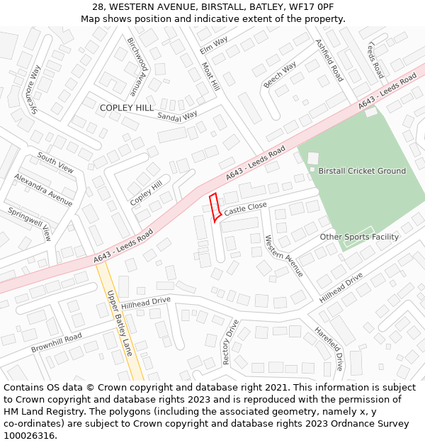 28, WESTERN AVENUE, BIRSTALL, BATLEY, WF17 0PF: Location map and indicative extent of plot