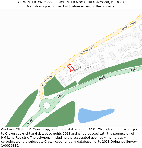 28, WESTERTON CLOSE, BINCHESTER MOOR, SPENNYMOOR, DL16 7BJ: Location map and indicative extent of plot