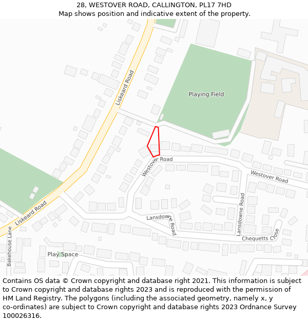 28, WESTOVER ROAD, CALLINGTON, PL17 7HD: Location map and indicative extent of plot