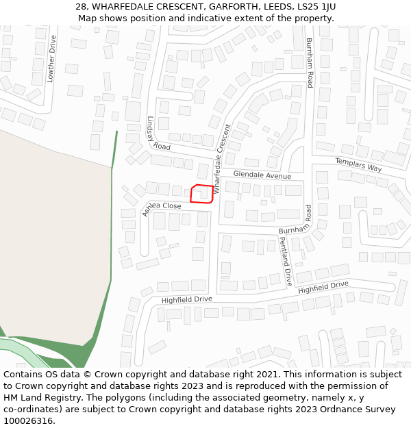 28, WHARFEDALE CRESCENT, GARFORTH, LEEDS, LS25 1JU: Location map and indicative extent of plot