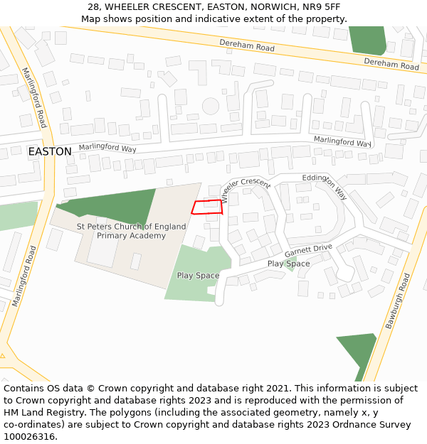 28, WHEELER CRESCENT, EASTON, NORWICH, NR9 5FF: Location map and indicative extent of plot