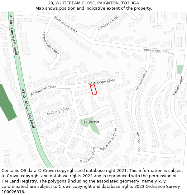 28, WHITEBEAM CLOSE, PAIGNTON, TQ3 3GA: Location map and indicative extent of plot