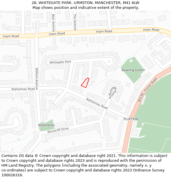 28, WHITEGATE PARK, URMSTON, MANCHESTER, M41 6LW: Location map and indicative extent of plot