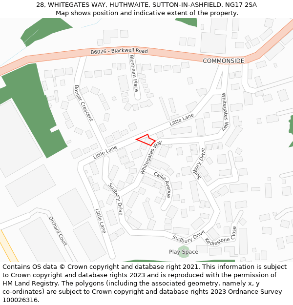 28, WHITEGATES WAY, HUTHWAITE, SUTTON-IN-ASHFIELD, NG17 2SA: Location map and indicative extent of plot