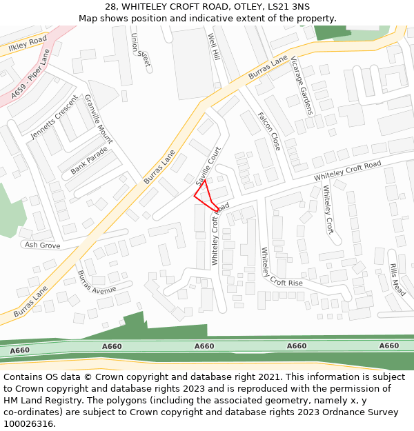 28, WHITELEY CROFT ROAD, OTLEY, LS21 3NS: Location map and indicative extent of plot