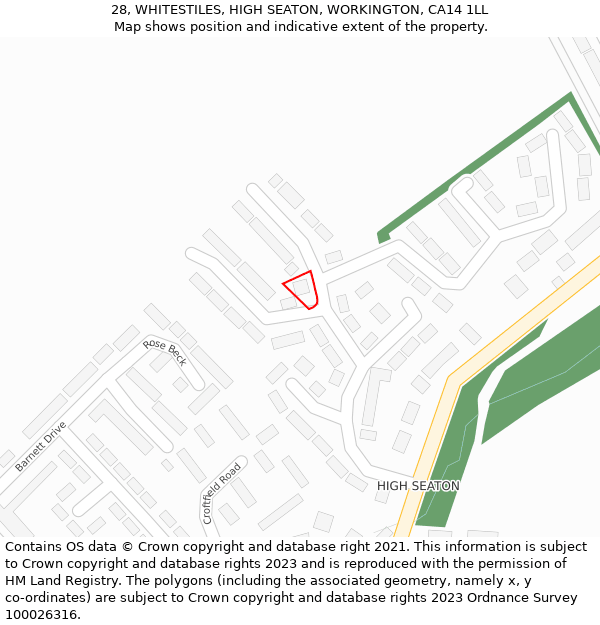 28, WHITESTILES, HIGH SEATON, WORKINGTON, CA14 1LL: Location map and indicative extent of plot