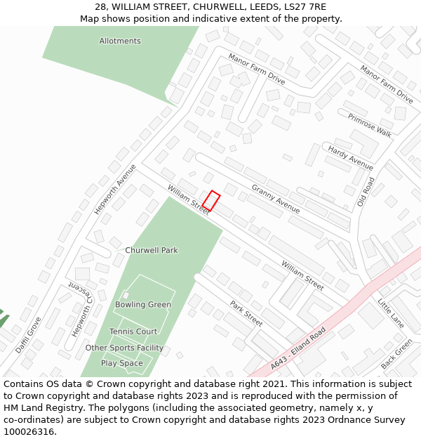 28, WILLIAM STREET, CHURWELL, LEEDS, LS27 7RE: Location map and indicative extent of plot