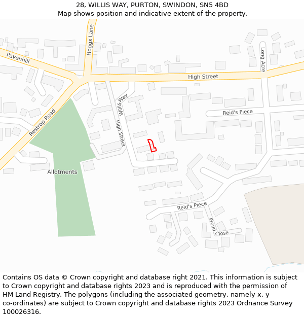 28, WILLIS WAY, PURTON, SWINDON, SN5 4BD: Location map and indicative extent of plot