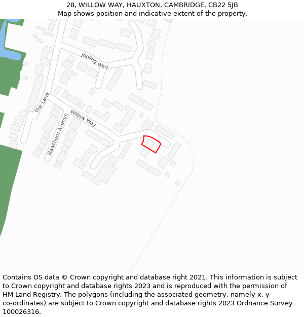 28, WILLOW WAY, HAUXTON, CAMBRIDGE, CB22 5JB: Location map and indicative extent of plot