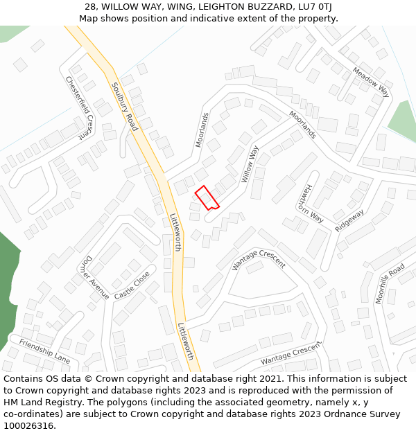 28, WILLOW WAY, WING, LEIGHTON BUZZARD, LU7 0TJ: Location map and indicative extent of plot