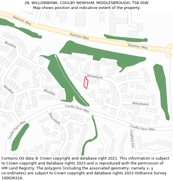 28, WILLOWBANK, COULBY NEWHAM, MIDDLESBROUGH, TS8 0SW: Location map and indicative extent of plot