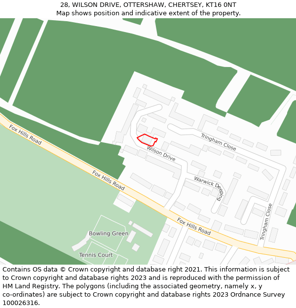 28, WILSON DRIVE, OTTERSHAW, CHERTSEY, KT16 0NT: Location map and indicative extent of plot