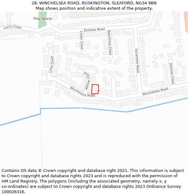 28, WINCHELSEA ROAD, RUSKINGTON, SLEAFORD, NG34 9BN: Location map and indicative extent of plot