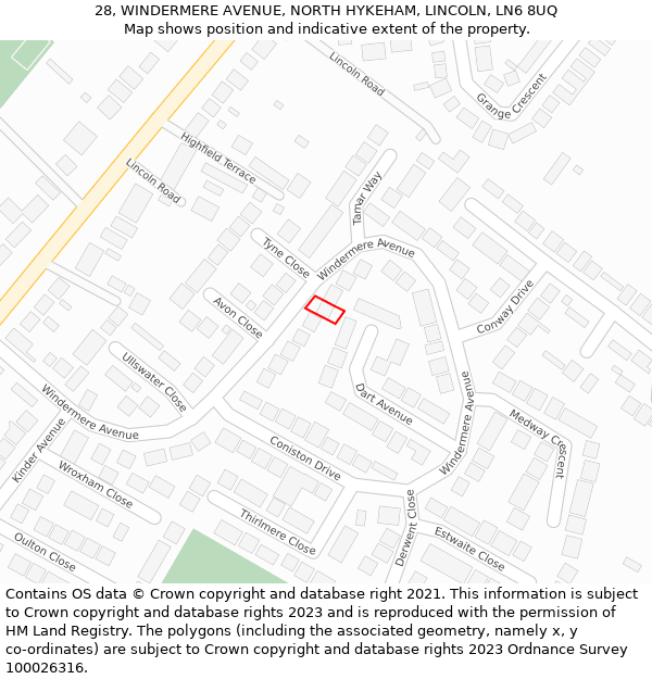 28, WINDERMERE AVENUE, NORTH HYKEHAM, LINCOLN, LN6 8UQ: Location map and indicative extent of plot