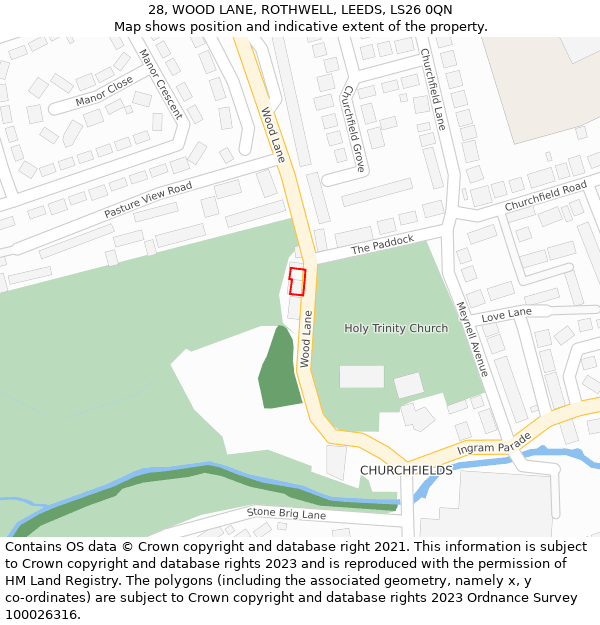 28, WOOD LANE, ROTHWELL, LEEDS, LS26 0QN: Location map and indicative extent of plot