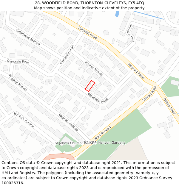 28, WOODFIELD ROAD, THORNTON-CLEVELEYS, FY5 4EQ: Location map and indicative extent of plot