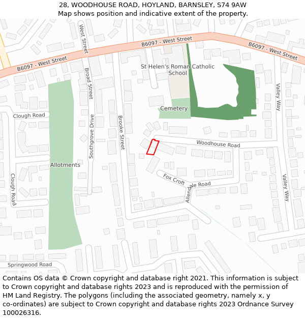 28, WOODHOUSE ROAD, HOYLAND, BARNSLEY, S74 9AW: Location map and indicative extent of plot