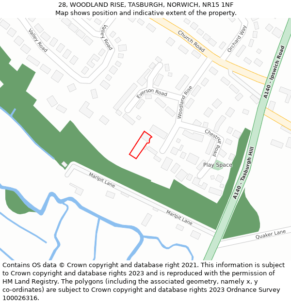 28, WOODLAND RISE, TASBURGH, NORWICH, NR15 1NF: Location map and indicative extent of plot