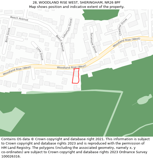 28, WOODLAND RISE WEST, SHERINGHAM, NR26 8PF: Location map and indicative extent of plot