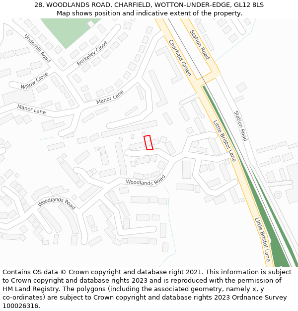 28, WOODLANDS ROAD, CHARFIELD, WOTTON-UNDER-EDGE, GL12 8LS: Location map and indicative extent of plot