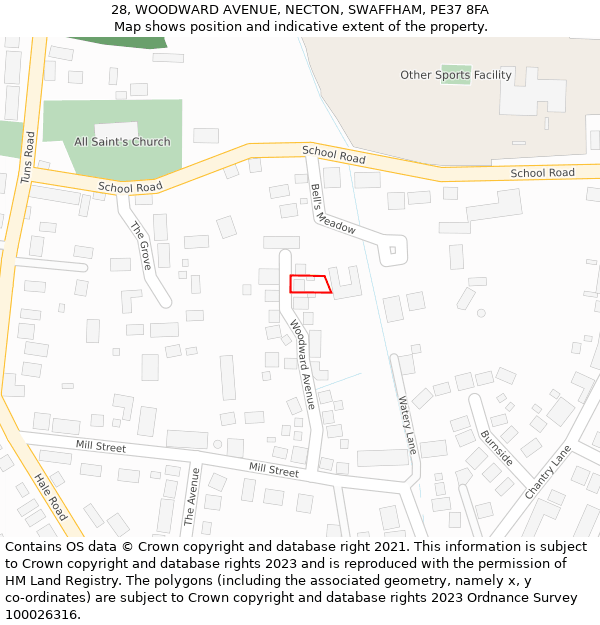 28, WOODWARD AVENUE, NECTON, SWAFFHAM, PE37 8FA: Location map and indicative extent of plot