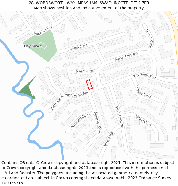 28, WORDSWORTH WAY, MEASHAM, SWADLINCOTE, DE12 7ER: Location map and indicative extent of plot