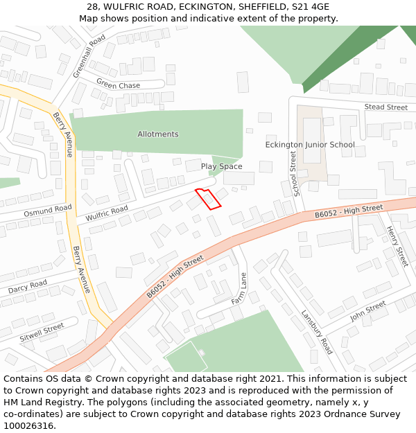 28, WULFRIC ROAD, ECKINGTON, SHEFFIELD, S21 4GE: Location map and indicative extent of plot