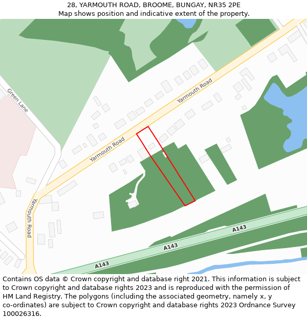 28, YARMOUTH ROAD, BROOME, BUNGAY, NR35 2PE: Location map and indicative extent of plot