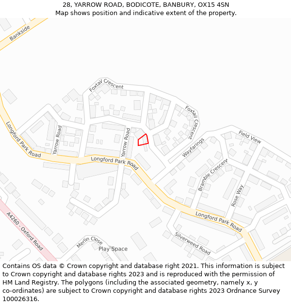28, YARROW ROAD, BODICOTE, BANBURY, OX15 4SN: Location map and indicative extent of plot
