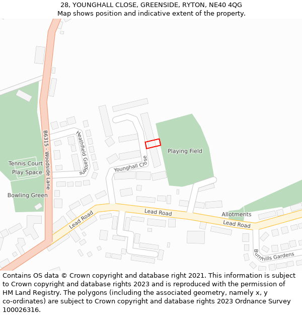 28, YOUNGHALL CLOSE, GREENSIDE, RYTON, NE40 4QG: Location map and indicative extent of plot