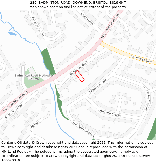 280, BADMINTON ROAD, DOWNEND, BRISTOL, BS16 6NT: Location map and indicative extent of plot