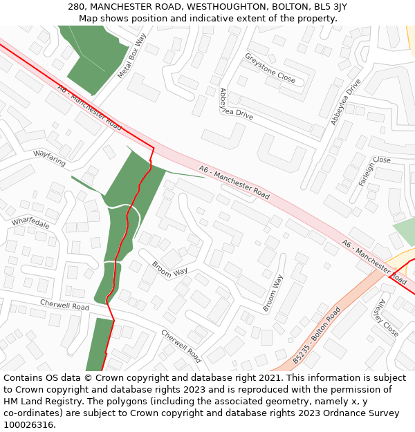 280, MANCHESTER ROAD, WESTHOUGHTON, BOLTON, BL5 3JY: Location map and indicative extent of plot