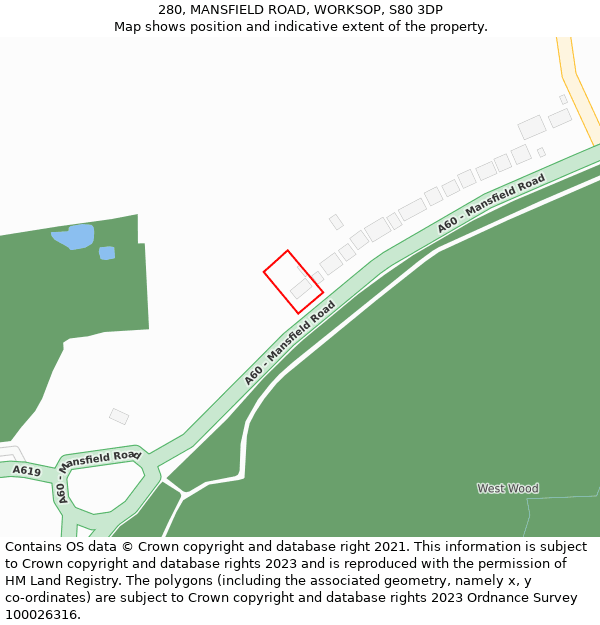 280, MANSFIELD ROAD, WORKSOP, S80 3DP: Location map and indicative extent of plot