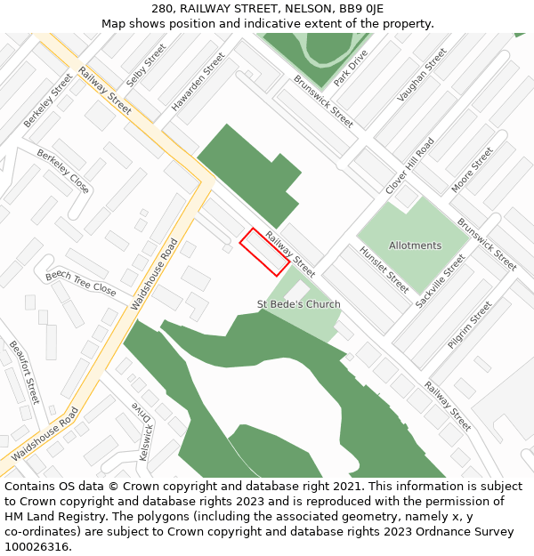 280, RAILWAY STREET, NELSON, BB9 0JE: Location map and indicative extent of plot